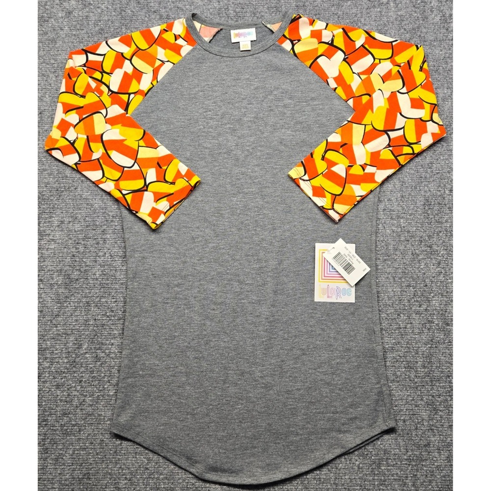 LuLaRoe Randy T-Shirt Womens XXS Candy Corn Print 3/4 Sleeve Stretch New